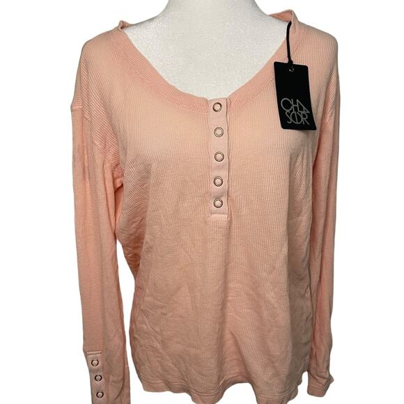 NWT Women's Chaser pink waffle knit half button front long sleeve top - small - Picture 1 of 7